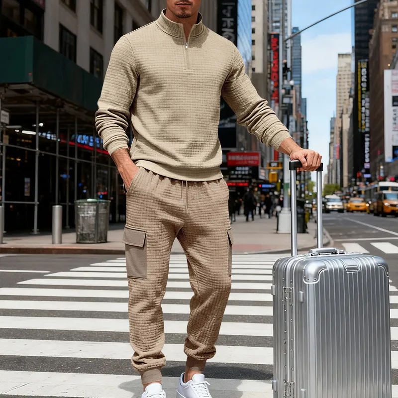Men Casual Solid Color Long-Sleeve Stand-Up Collar Sweatshirt Loose Cargo Pants Two-Piece Set