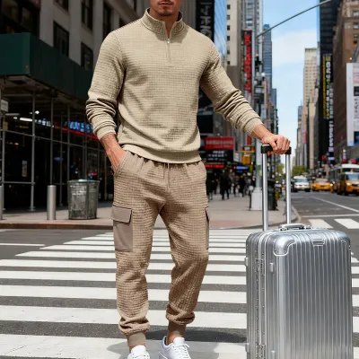 Men Casual Solid Color Long-Sleeve Stand-Up Collar Sweatshirt Loose Cargo Pants Two-Piece Set