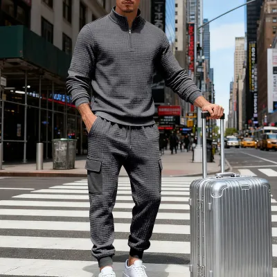 Men Casual Solid Color Long-Sleeve Stand-Up Collar Sweatshirt Loose Cargo Pants Two-Piece Set