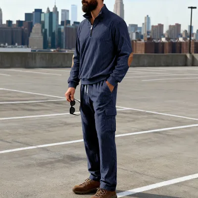 Men Fashion Casual Spring Autumn Corduroy Loose Zipper Long-Sleeve Sweatshirt Pants Two-Piece Set