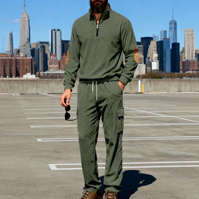 Men Fashion Casual Spring Autumn Corduroy Loose Zipper Long-Sleeve Sweatshirt Pants Two-Piece Set