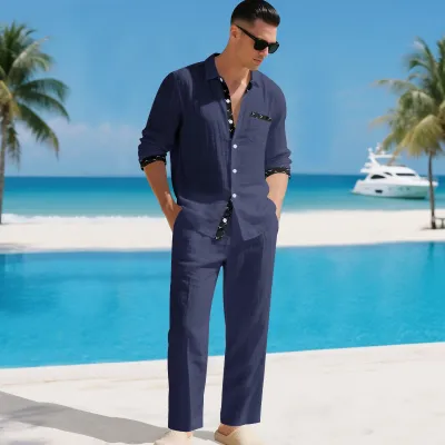 Men's Fashion Casual Solid Color Linen Lapel Long-Sleeve Shirt Pants Two-Piece Set