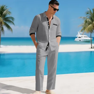 Men's Fashion Casual Solid Color Linen Lapel Long-Sleeve Shirt Pants Two-Piece Set