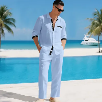 Men's Fashion Casual Solid Color Linen Lapel Long-Sleeve Shirt Pants Two-Piece Set