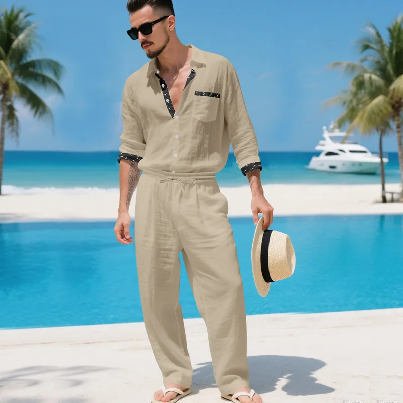 Men's Fashion Casual Solid Color Linen Lapel Long-Sleeve Shirt Pants Two-Piece Set