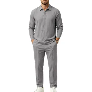 Men's Fashion Casual Linen Lapel Long Sleeve Polo Shirt Straight Pants Two-Piece Set