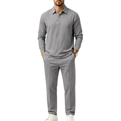 Men's Fashion Casual Linen Lapel Long Sleeve Polo Shirt Straight Pants Two-Piece Set