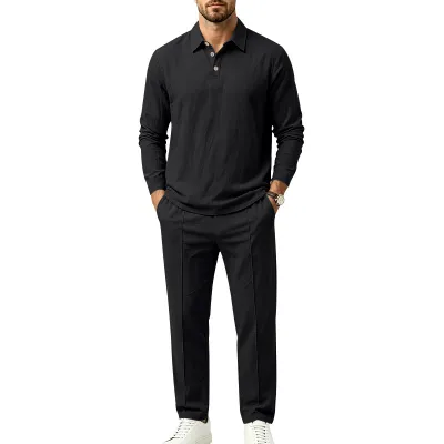 Men's Fashion Casual Linen Lapel Long Sleeve Polo Shirt Straight Pants Two-Piece Set