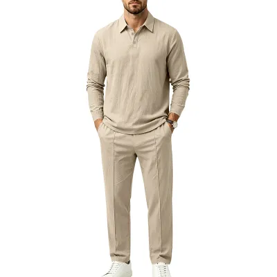 Men's Fashion Casual Linen Lapel Long Sleeve Polo Shirt Straight Pants Two-Piece Set