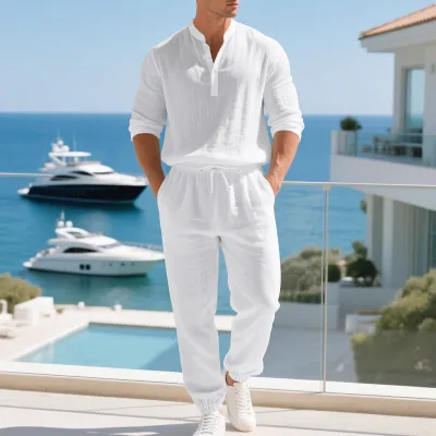 Men Fashion Casual Solid Color Linen Loose Long-Sleeve Shirt Pants Two-Piece Set