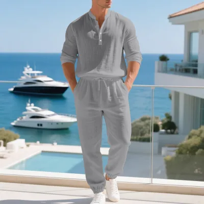 Men Fashion Casual Solid Color Linen Loose Long-Sleeve Shirt Pants Two-Piece Set