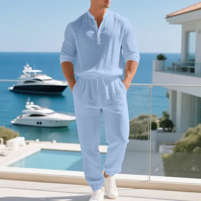 Men Fashion Casual Solid Color Linen Loose Long-Sleeve Shirt Pants Two-Piece Set