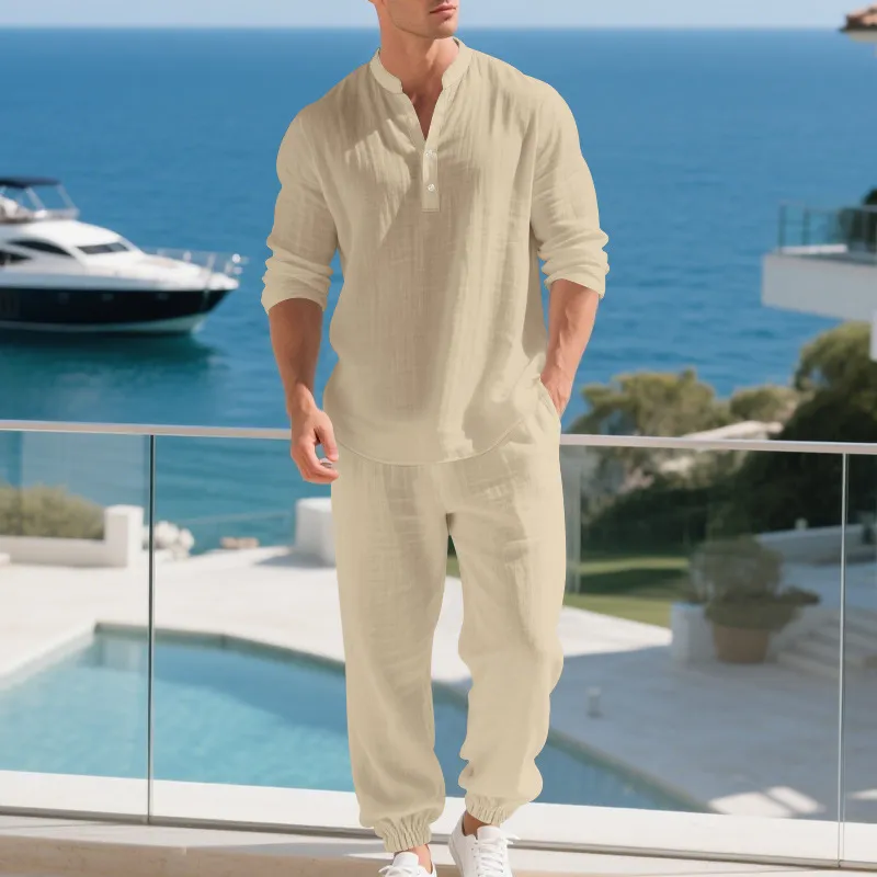 Men Fashion Casual Solid Color Linen Loose Long-Sleeve Shirt Pants Two-Piece Set