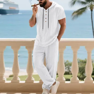 Men Fashion Casual Solid Color Linen Short Sleeve Hooded Shirt and Loose Pants Set