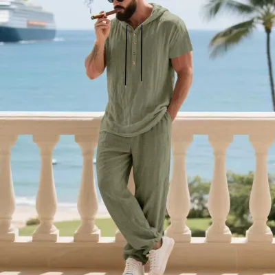 Men Fashion Casual Solid Color Linen Short Sleeve Hooded Shirt and Loose Pants Set