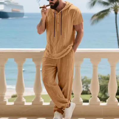 Men Fashion Casual Solid Color Linen Short Sleeve Hooded Shirt and Loose Pants Set