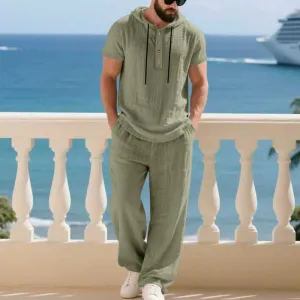 Men Fashion Casual Solid Color Linen Short Sleeve Hooded Shirt and Loose Pants Set