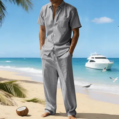 Men Casual Summer Linen Lapel Short-Sleeve Shirt and Pants Two-Piece Set
