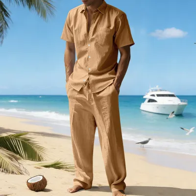 Men Casual Summer Linen Lapel Short-Sleeve Shirt and Pants Two-Piece Set