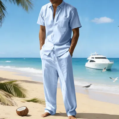 Men Casual Summer Linen Lapel Short-Sleeve Shirt and Pants Two-Piece Set