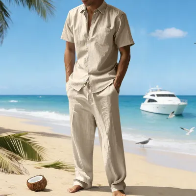 Men Casual Summer Linen Lapel Short-Sleeve Shirt and Pants Two-Piece Set