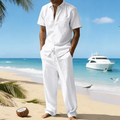 Men Casual Summer Linen Lapel Short-Sleeve Shirt and Pants Two-Piece Set