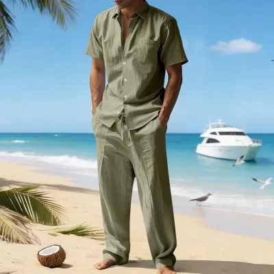 Men Casual Summer Linen Lapel Short-Sleeve Shirt and Pants Two-Piece Set