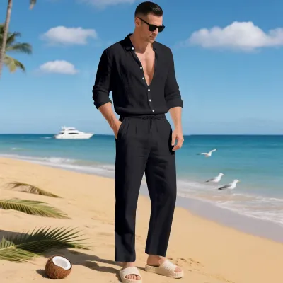 Men Fashion Casual Solid Color Linen Lapel Long-Sleeve Loose Shirt Straight Pants Two-Piece Set