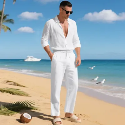 Men Fashion Casual Solid Color Linen Lapel Long-Sleeve Loose Shirt Straight Pants Two-Piece Set