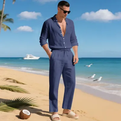 Men Fashion Casual Solid Color Linen Lapel Long-Sleeve Loose Shirt Straight Pants Two-Piece Set
