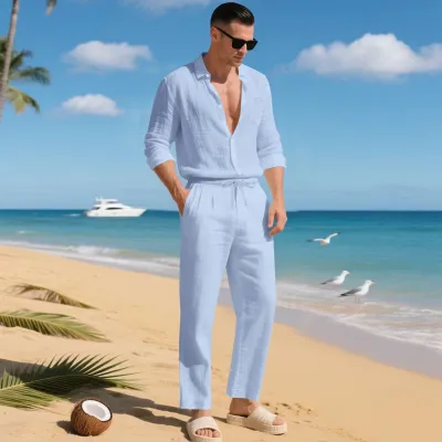Men Fashion Casual Solid Color Linen Lapel Long-Sleeve Loose Shirt Straight Pants Two-Piece Set