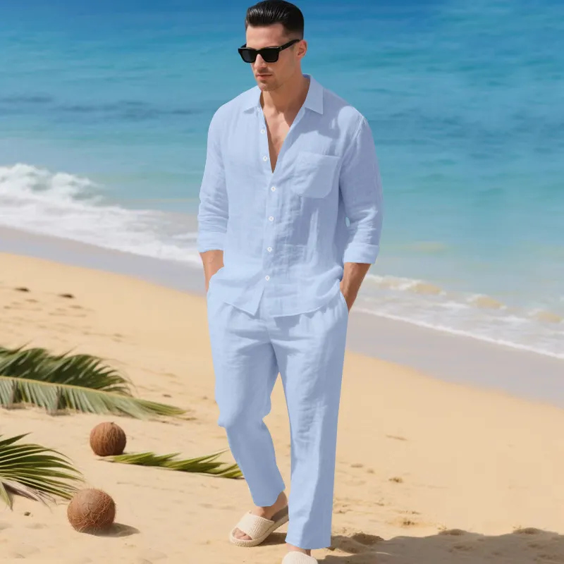 Men Fashion Casual Solid Color Linen Lapel Long-Sleeve Loose Shirt Straight Pants Two-Piece Set