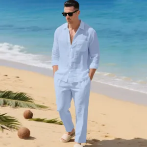 Men Fashion Casual Solid Color Linen Lapel Long-Sleeve Loose Shirt Straight Pants Two-Piece Set