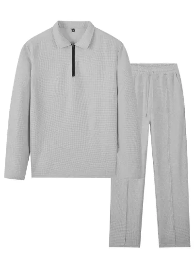 Men's Athleisure Waffle Polo Shirt and Loose Pants Two-Piece Set with Zipper