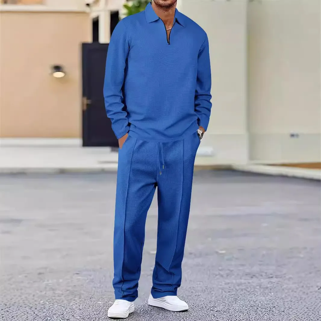Men's Athleisure Waffle Polo Shirt and Loose Pants Two-Piece Set with Zipper