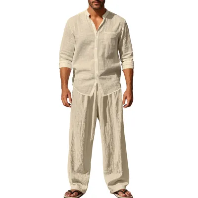 Men Fashion Casual Linen Long Sleeve Shirt and Loose Pants Two-Piece Set Athleisure Style