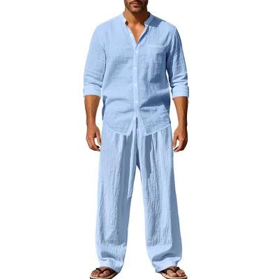 Men Fashion Casual Linen Long Sleeve Shirt and Loose Pants Two-Piece Set Athleisure Style
