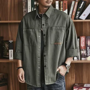Men Fashion Casual Cotton Embroidery Cardigan Long Sleeve Loose Workwear Shirt