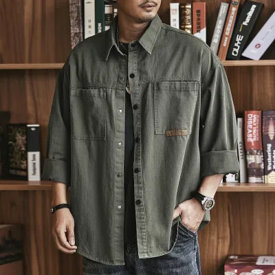 Men Fashion Casual Cotton Embroidery Cardigan Long Sleeve Loose Workwear Shirt