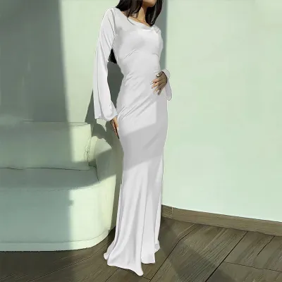 Autumn Women Fashion Solid Color Crewneck Long Sleeve Maxi Dress