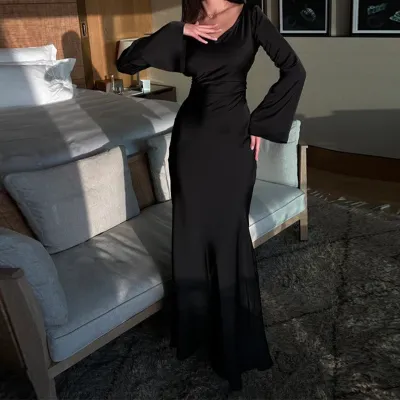 Autumn Women Fashion Solid Color Crewneck Long Sleeve Maxi Dress