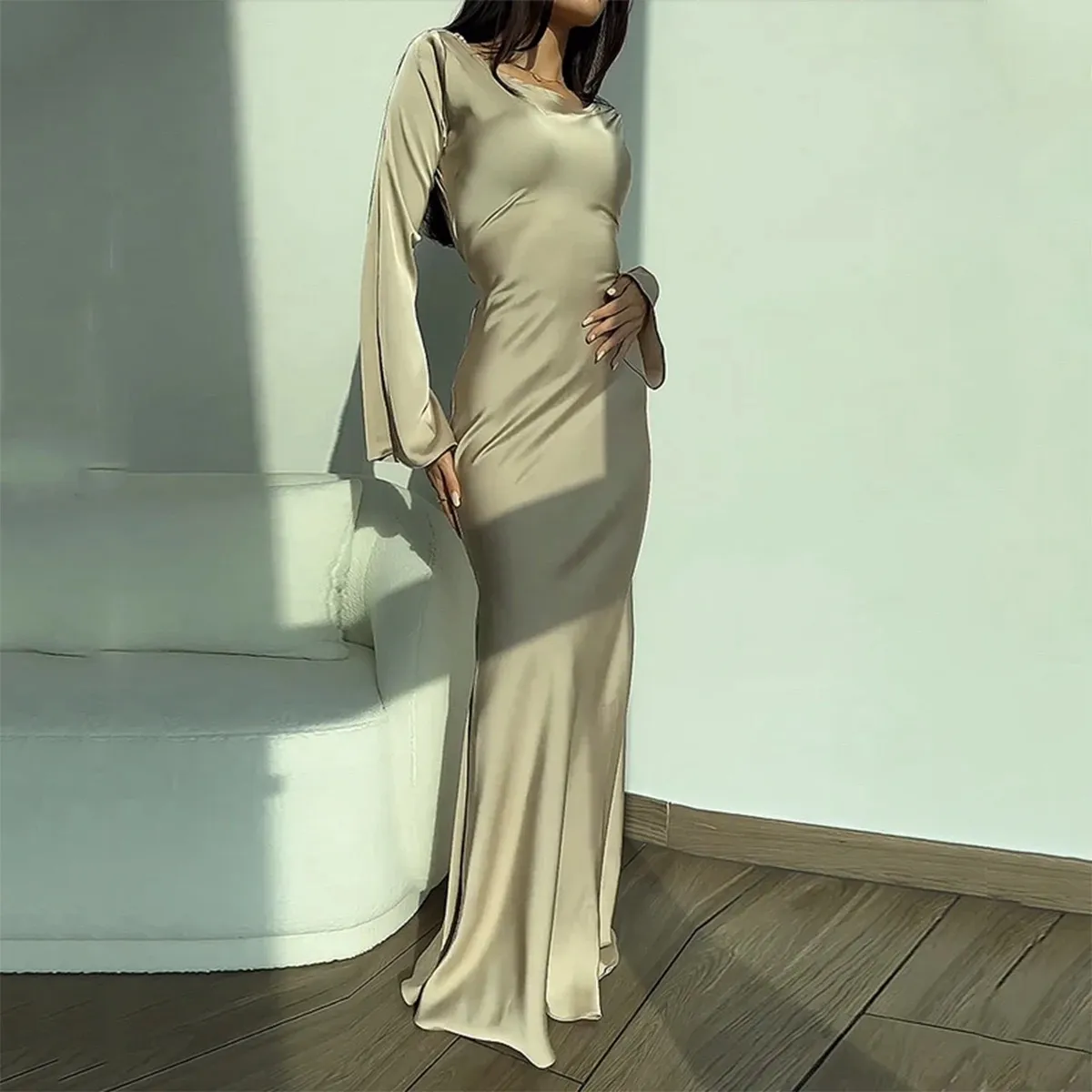 Autumn Women Fashion Solid Color Crewneck Long Sleeve Maxi Dress