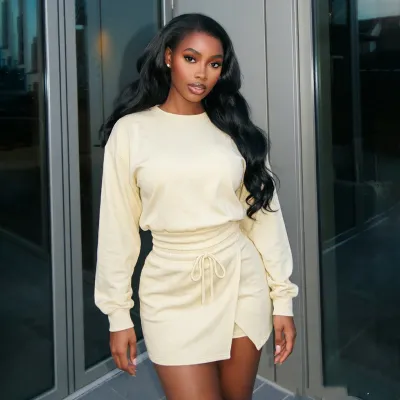 Fall Women'S Solid Color Crewneck Sweatshirt And Drawstring Skirt Two-Piece Set
