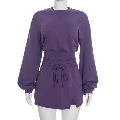 Fall Women'S Solid Color Crewneck Sweatshirt And Drawstring Skirt Two-Piece Set