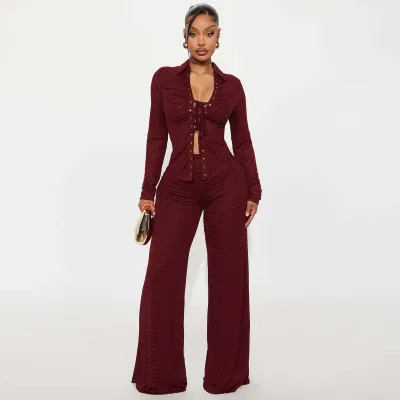 Autumn Women Fashion Lace-Up Long Sleeve Top And Pants Two-Piece Set