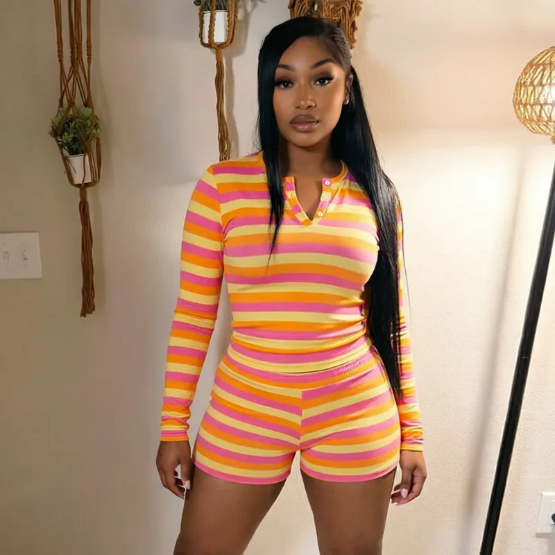Autumn Women Casual Stripe Print Button Long-Sleeve Top And Shorts Two-Piece Set