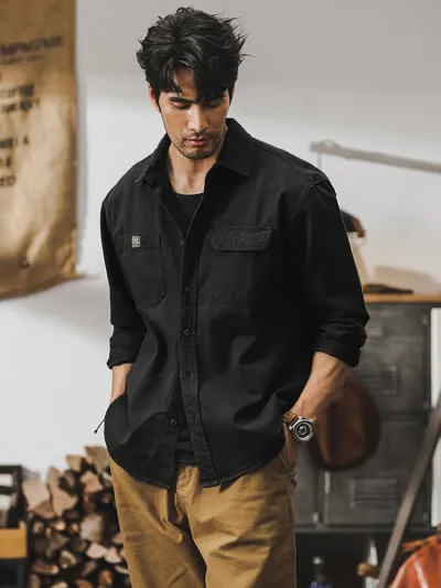 Men'S Casual Retro Spring Autumn Solid Color Lapel Long Sleeve Loose Workwear Shirt With Pocket