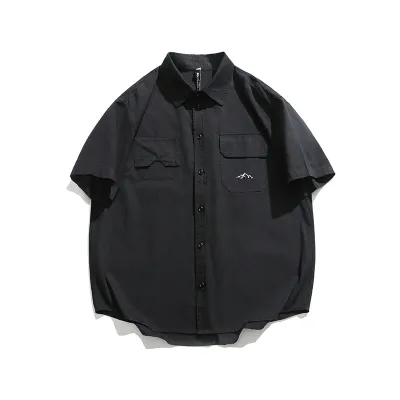 Men's Casual Solid Color Lapel Short Sleeve Pocket Workwear Shirt