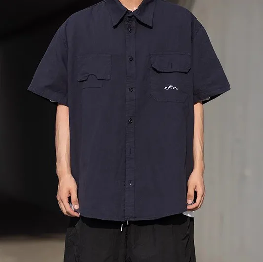 Men's Casual Solid Color Lapel Short Sleeve Pocket Workwear Shirt