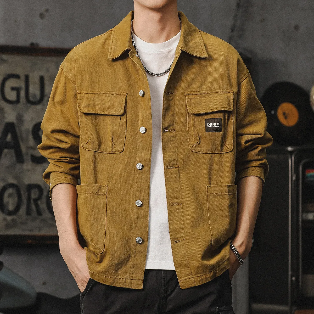 Men's Retro Loose-Fitting Cardigan Shirt with Multiple Pockets Solid Color Long Sleeve Cotton Workwear